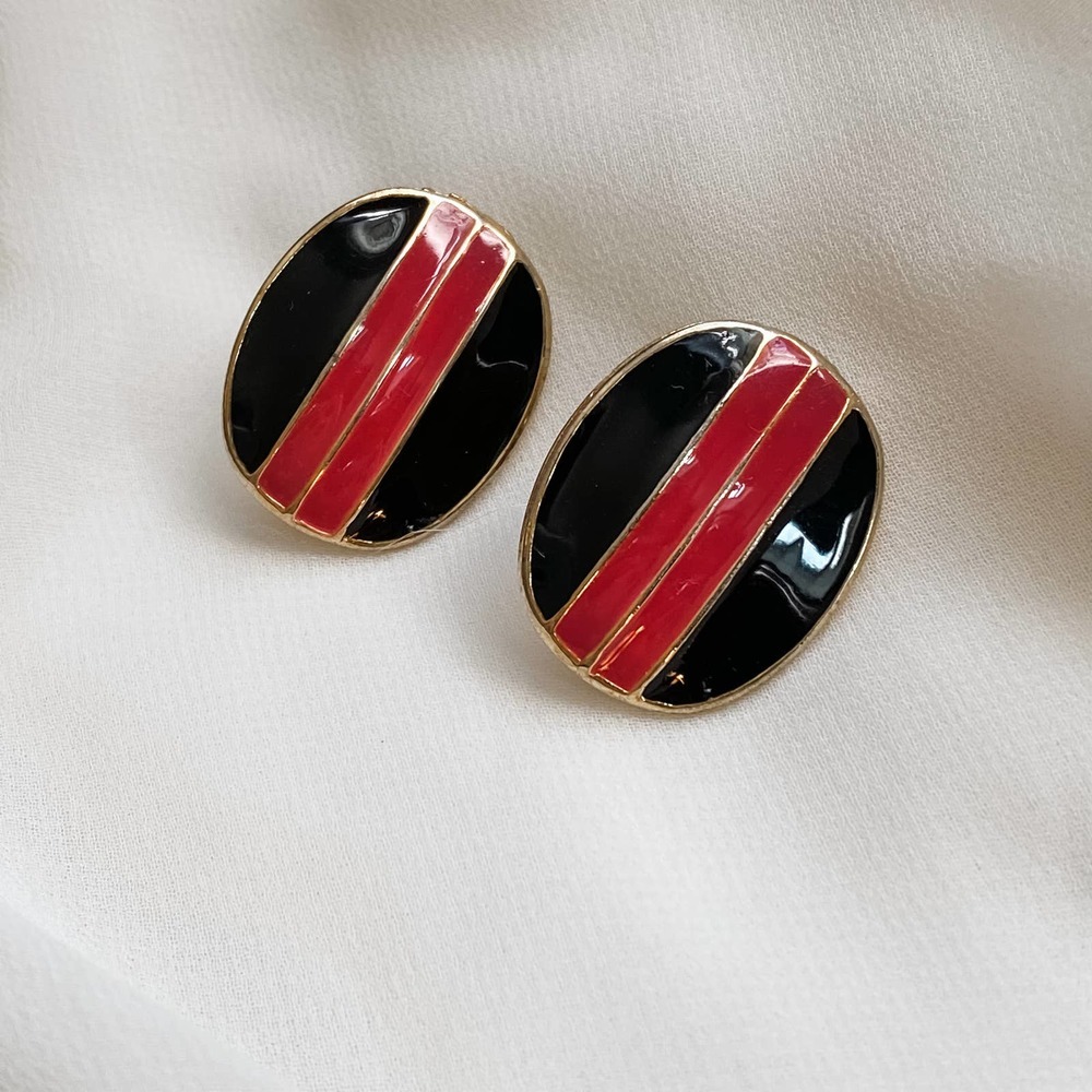 VTG Gold Oval Black Pink Striped Earrings